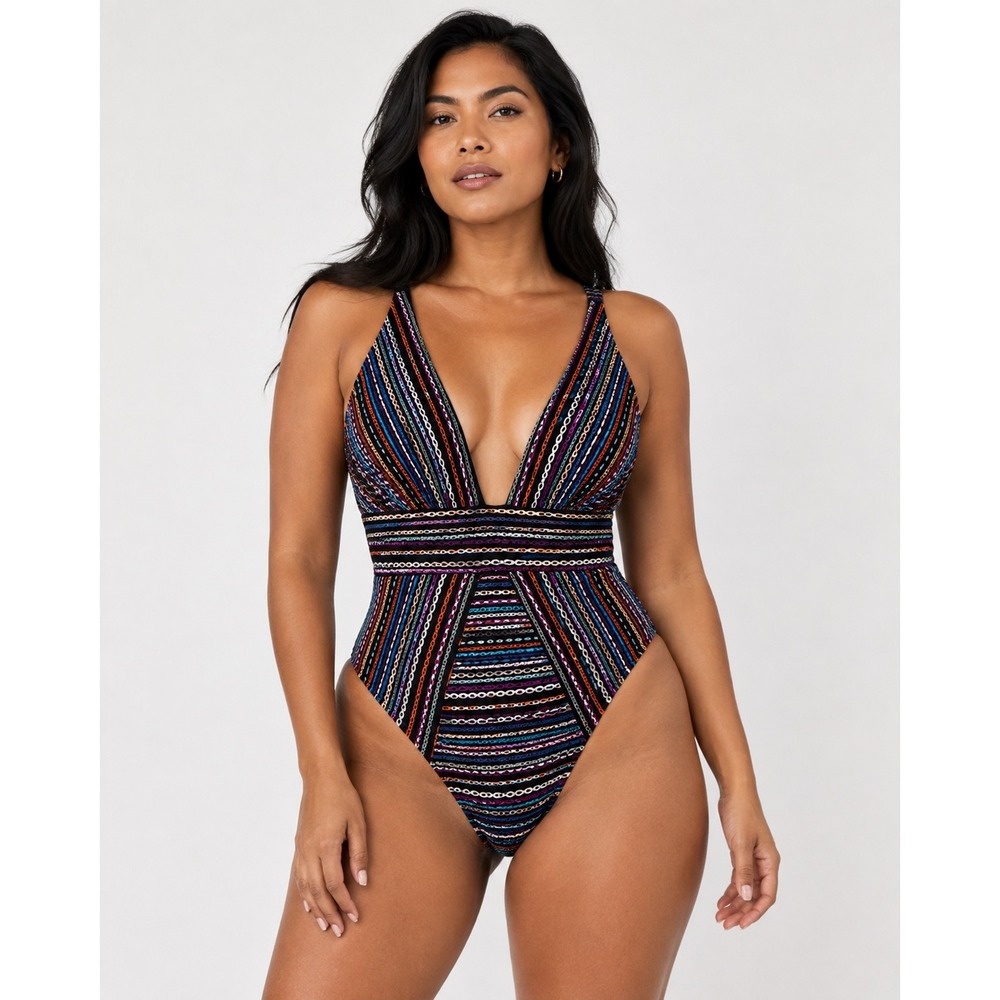 Miraclesuit One Piece Swimsuit Chain Print Deep V Beachwear 10 Multicolor
